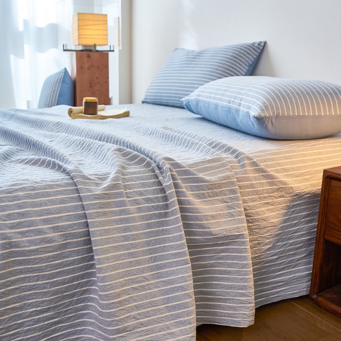 91家纺网 家纺一手货源 找家纺 春皖家纺 2026春夏新款全棉纯棉水洗棉单品系列床单单件床单单品-A版单床单 素雅-蓝条