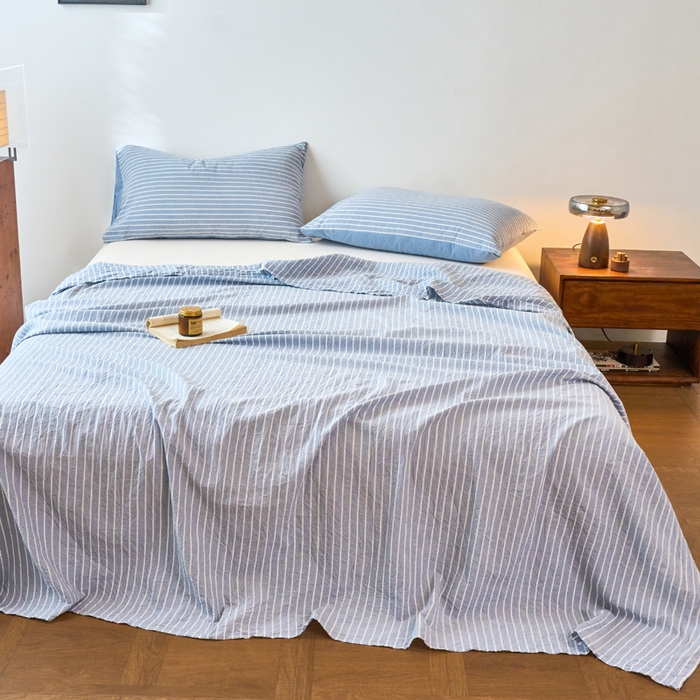 91家纺网 家纺一手货源 找家纺 春皖家纺 2026春夏新款全棉纯棉水洗棉单品系列床单单件床单单品-A版单床单 素雅-蓝条