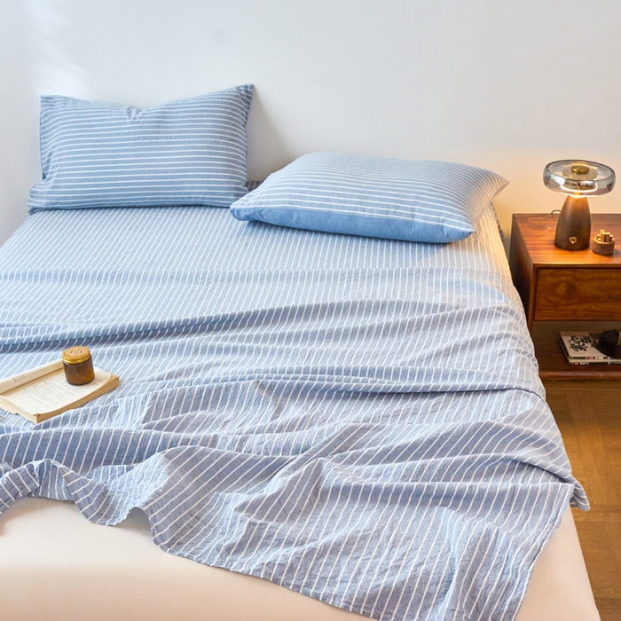 91家纺网 家纺一手货源 找家纺 春皖家纺 2026春夏新款全棉纯棉水洗棉单品系列床单单件床单单品-A版单床单 素雅-蓝条