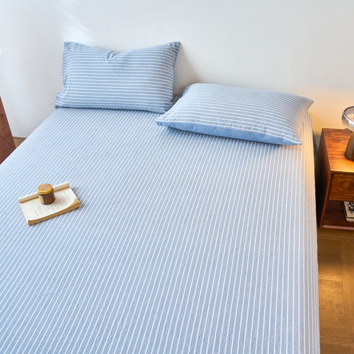 91家纺网 家纺一手货源 找家纺 春皖家纺 2026春夏新款全棉纯棉水洗棉单品系列床单单件床单单品-A版单床单 素雅-蓝条