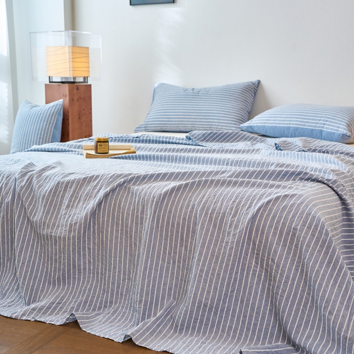 91家纺网 家纺一手货源 找家纺 春皖家纺 2026春夏新款全棉纯棉水洗棉单品系列床单单件床单单品-A版单床单 素雅-蓝条