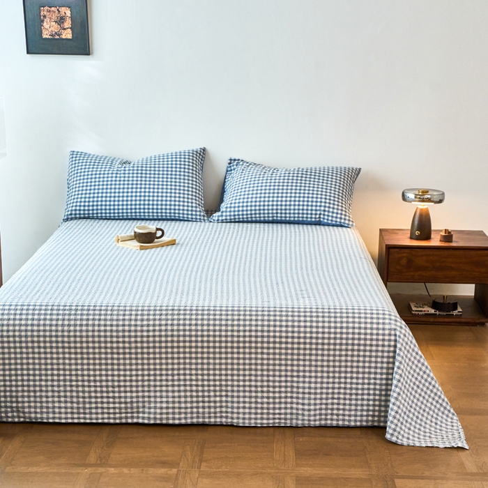 91家纺网 家纺一手货源 找家纺 春皖家纺 2026春夏新款全棉纯棉水洗棉单品系列床单单件床单单品-A版单床单 素雅-蓝小格