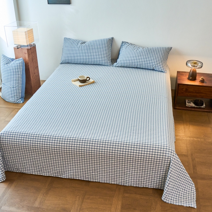 91家纺网 家纺一手货源 找家纺 春皖家纺 2026春夏新款全棉纯棉水洗棉单品系列床单单件床单单品-A版单床单 素雅-蓝小格