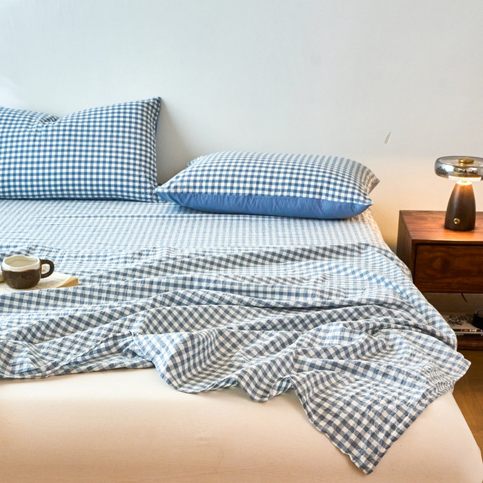 91家纺网 家纺一手货源 找家纺 春皖家纺 2026春夏新款全棉纯棉水洗棉单品系列床单单件床单单品-A版单床单 素雅-蓝小格