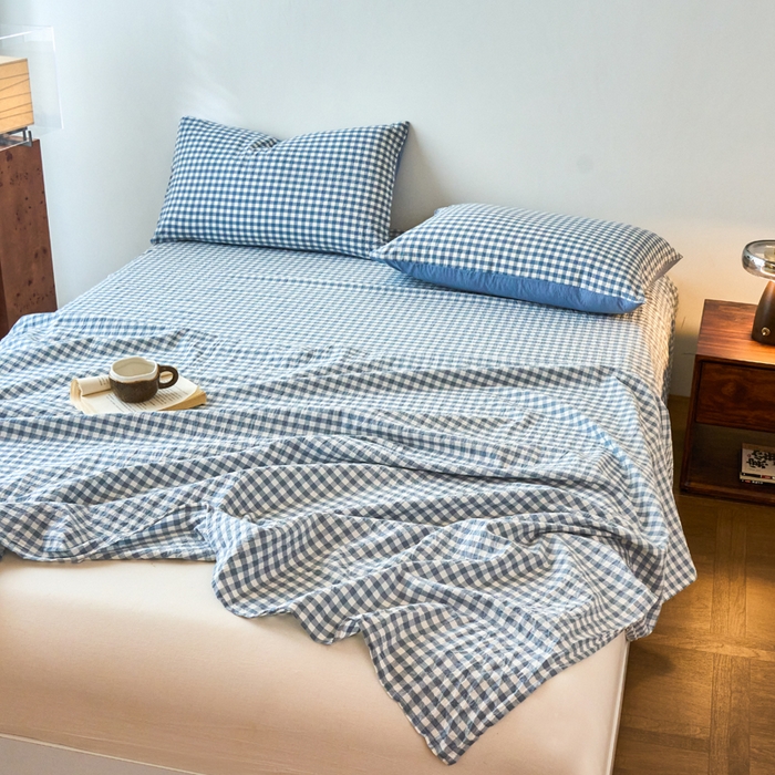 91家纺网 家纺一手货源 找家纺 春皖家纺 2026春夏新款全棉纯棉水洗棉单品系列床单单件床单单品-A版单床单 素雅-蓝小格