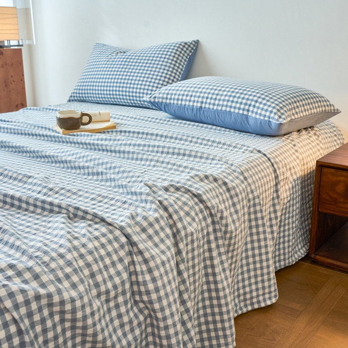 91家纺网 家纺一手货源 找家纺 春皖家纺 2026春夏新款全棉纯棉水洗棉单品系列床单单件床单单品-A版单床单 素雅-蓝小格