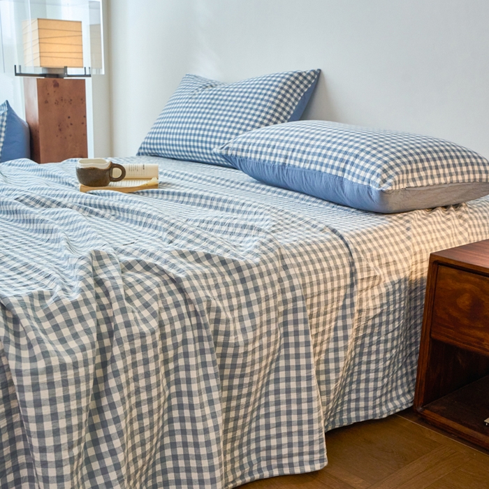 91家纺网 家纺一手货源 找家纺 春皖家纺 2026春夏新款全棉纯棉水洗棉单品系列床单单件床单单品-A版单床单 素雅-蓝小格