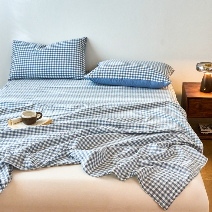 91家纺网 家纺一手货源 找家纺 春皖家纺 2026春夏新款全棉纯棉水洗棉单品系列床单单件床单单品-A版单床单 素雅-蓝小格