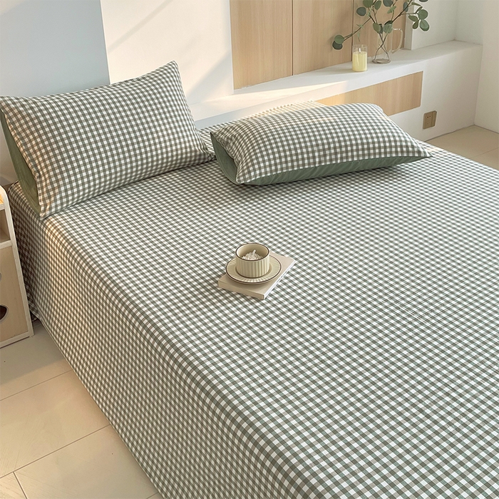 91家纺网 家纺一手货源 找家纺 春皖家纺 2026春夏新款全棉纯棉水洗棉单品系列床单单件床单单品-A版单床单 素雅-绿格