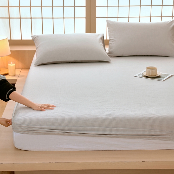 91家纺网 家纺一手货源 找家纺 春皖家纺 2026春夏新款全棉纯棉水洗棉单品系列床笠单件床笠单品-A版单床笠 细条灰