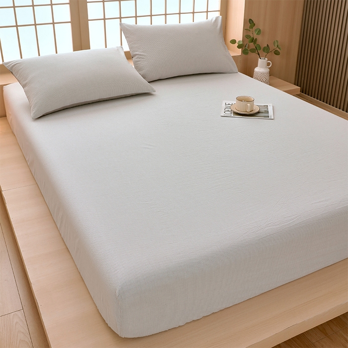 91家纺网 家纺一手货源 找家纺 春皖家纺 2026春夏新款全棉纯棉水洗棉单品系列床笠单件床笠单品-A版单床笠 细条灰