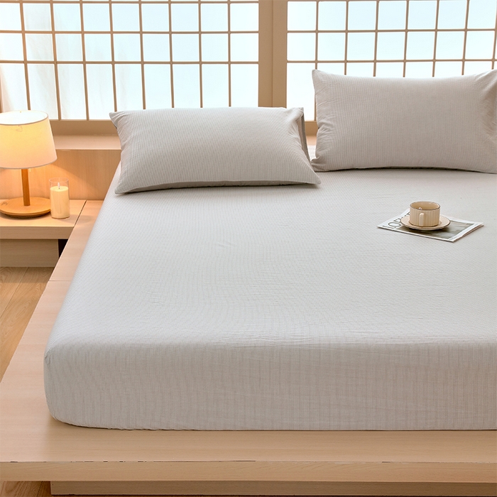 91家纺网 家纺一手货源 找家纺 春皖家纺 2026春夏新款全棉纯棉水洗棉单品系列床笠单件床笠单品-A版单床笠 细条灰