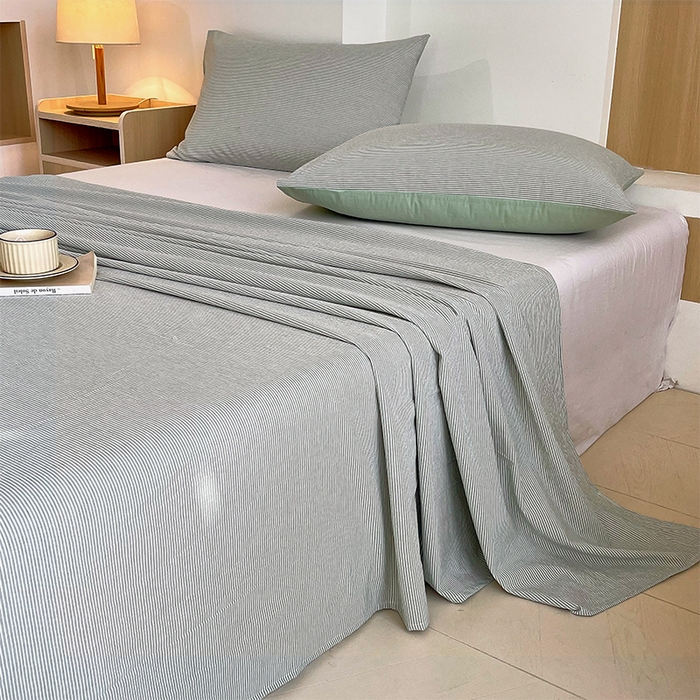 91家纺网 家纺一手货源 找家纺 春皖家纺 2026春夏新款全棉纯棉水洗棉单品系列床单单件床单单品-A版单床单 细条绿