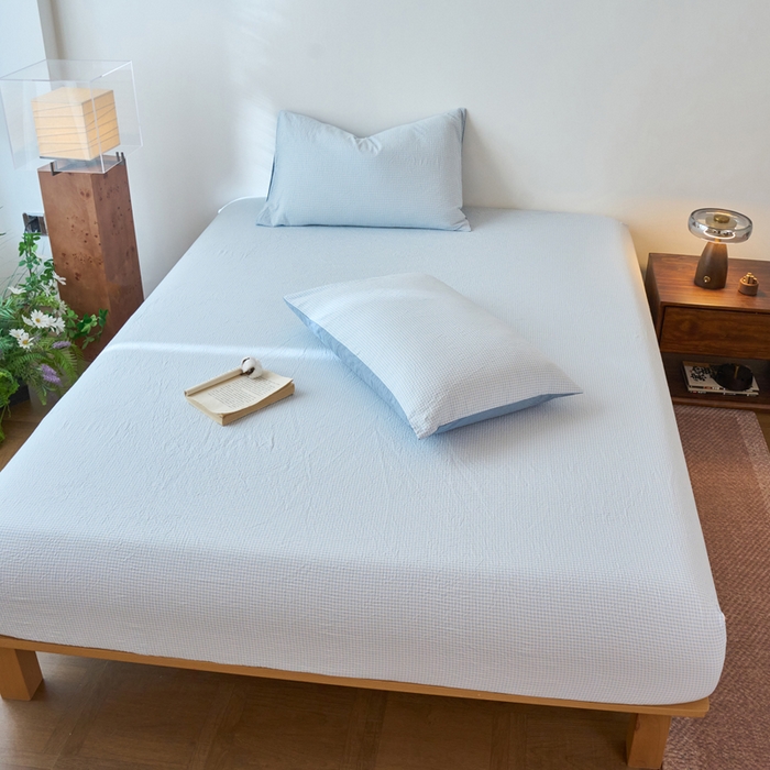 91家纺网 家纺一手货源 找家纺 春皖家纺 2026春夏新款全棉纯棉水洗棉单品系列床笠单件床笠单品-A版单床笠 月光蓝