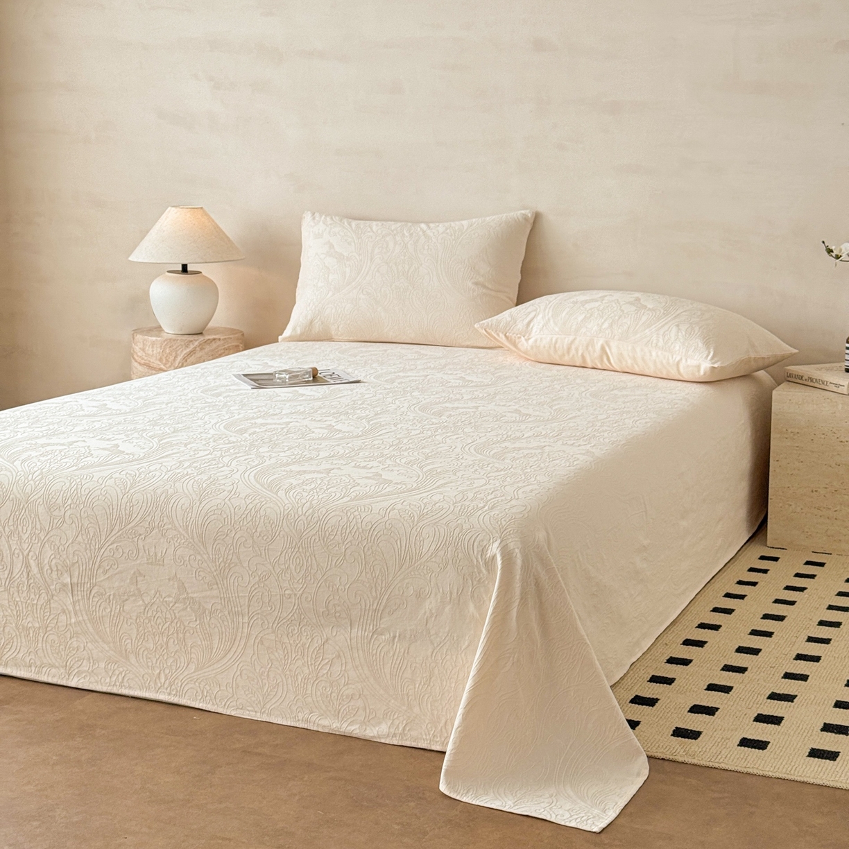 91家纺网 家纺一手货源 找家纺 眠博士 2026新款全棉提花床单单床单床单单件 冠马踏云-奶白