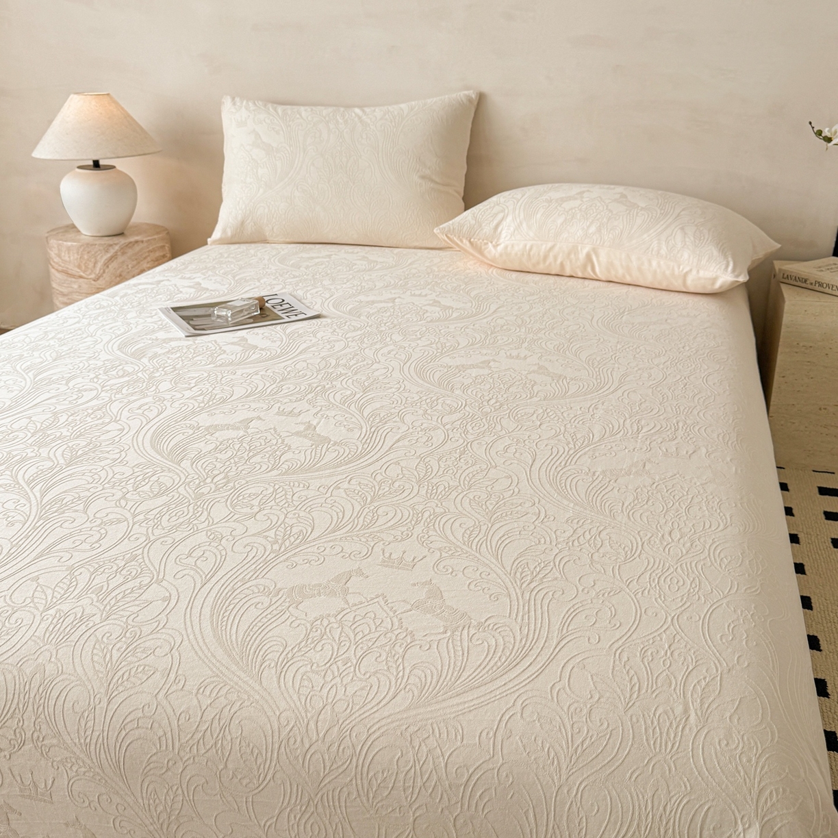 91家纺网 家纺一手货源 找家纺 眠博士 2026新款全棉提花床单单床单床单单件 冠马踏云-奶白