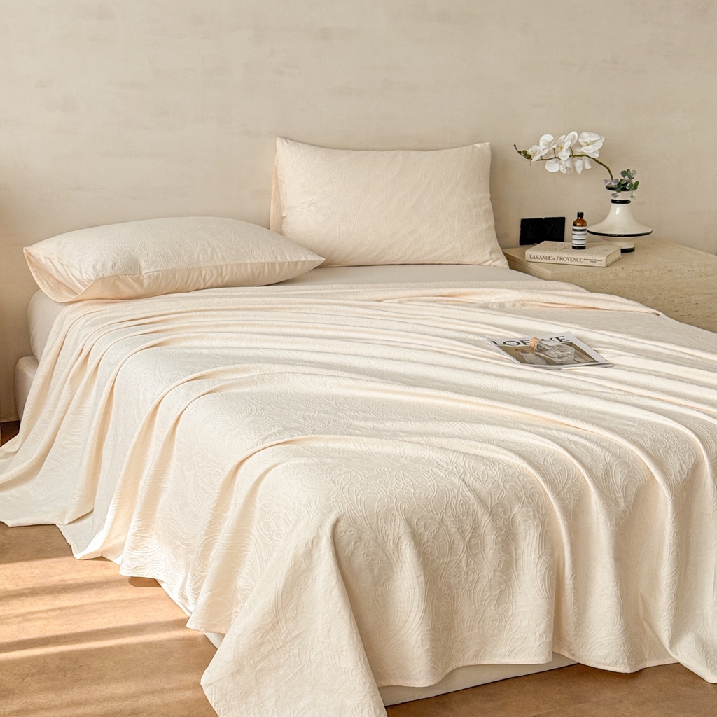 91家纺网 家纺一手货源 找家纺 眠博士 2026新款全棉提花床单单床单床单单件 冠马踏云-奶白