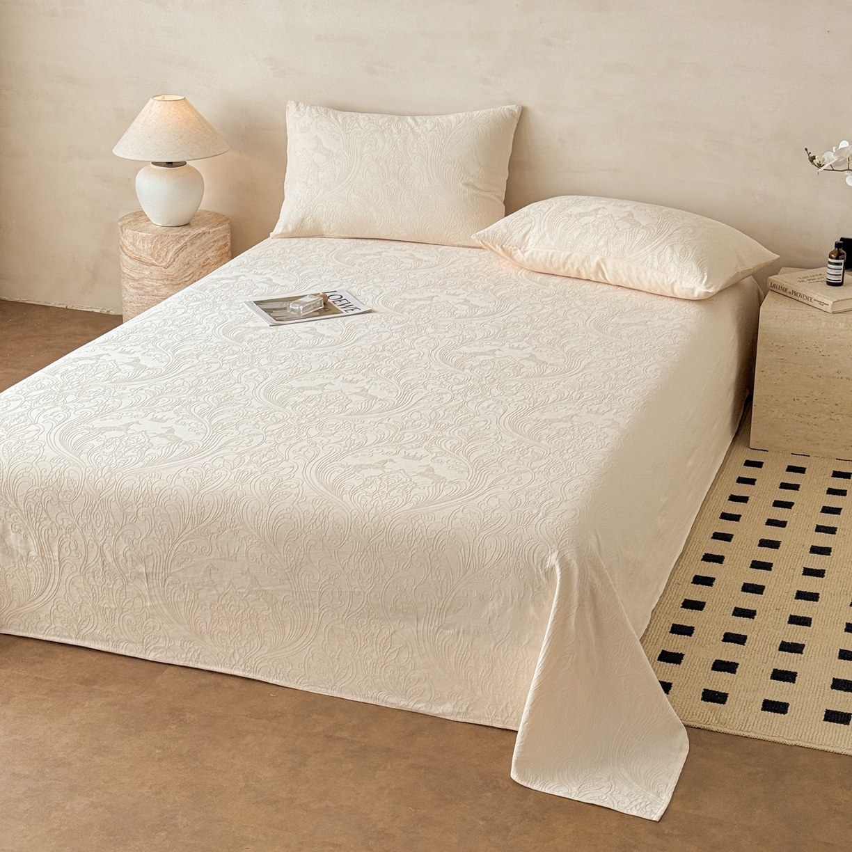 91家纺网 家纺一手货源 找家纺 眠博士 2026新款全棉提花床单单床单床单单件 冠马踏云-奶白