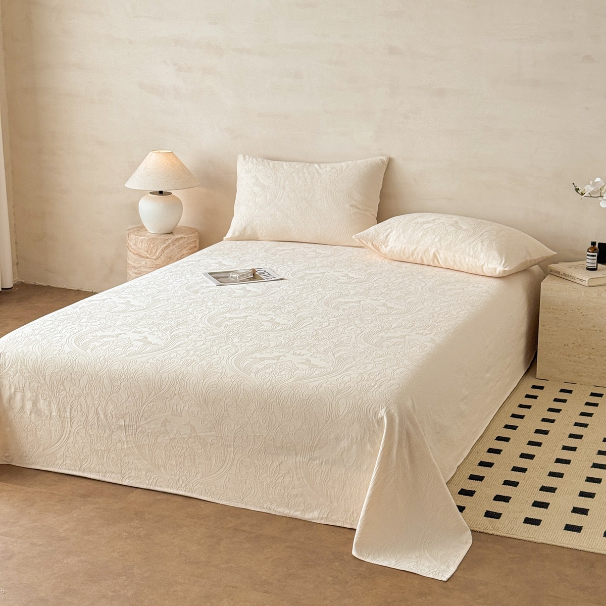 91家纺网 家纺一手货源 找家纺 眠博士 2026新款全棉提花床单单床单床单单件 冠马踏云-奶白