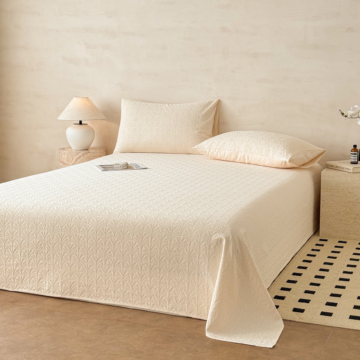 91家纺网 家纺一手货源 找家纺 眠博士 2026新款全棉提花床单单床单床单单件 杏影-奶白