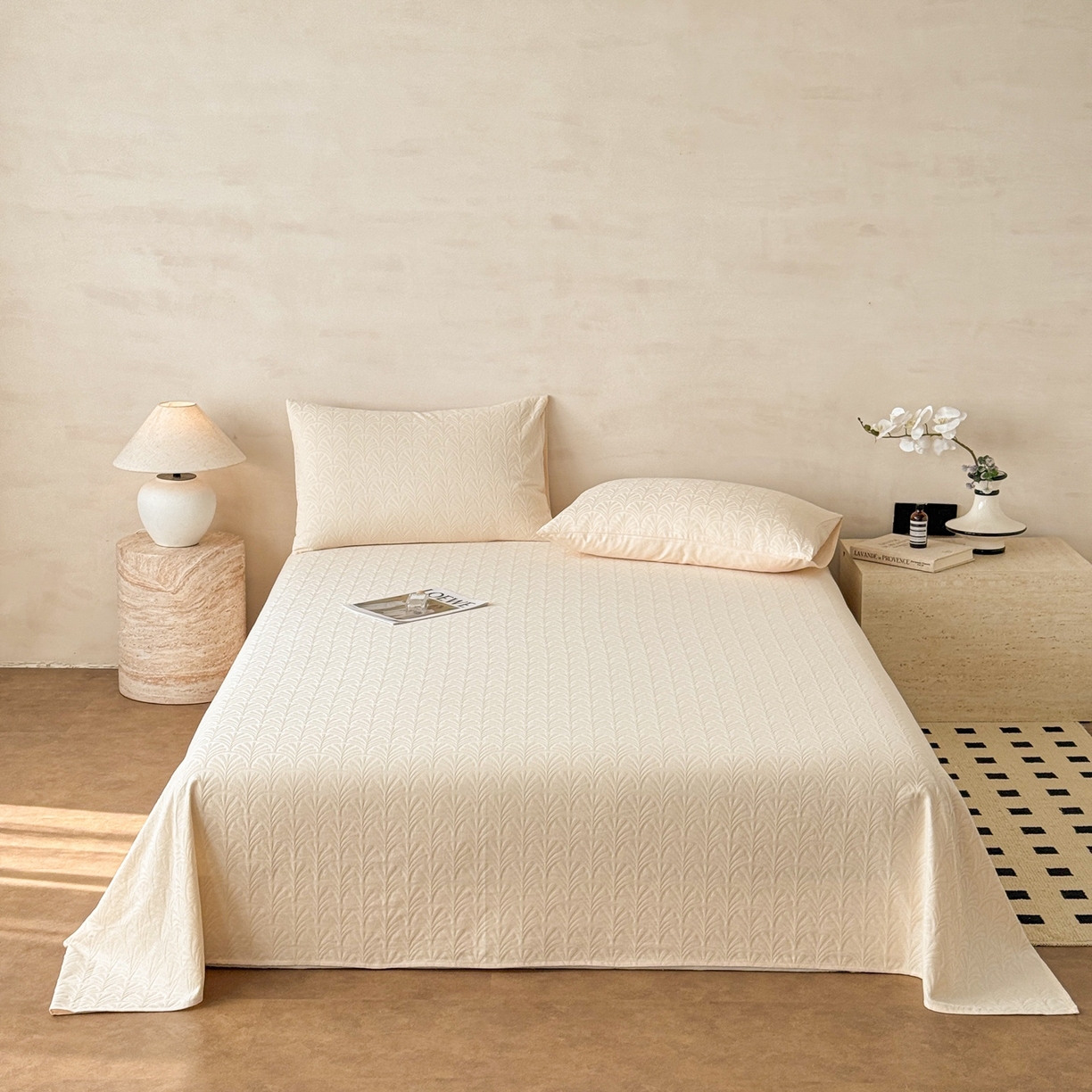 91家纺网 家纺一手货源 找家纺 眠博士 2026新款全棉提花床单单床单床单单件 杏影-奶白