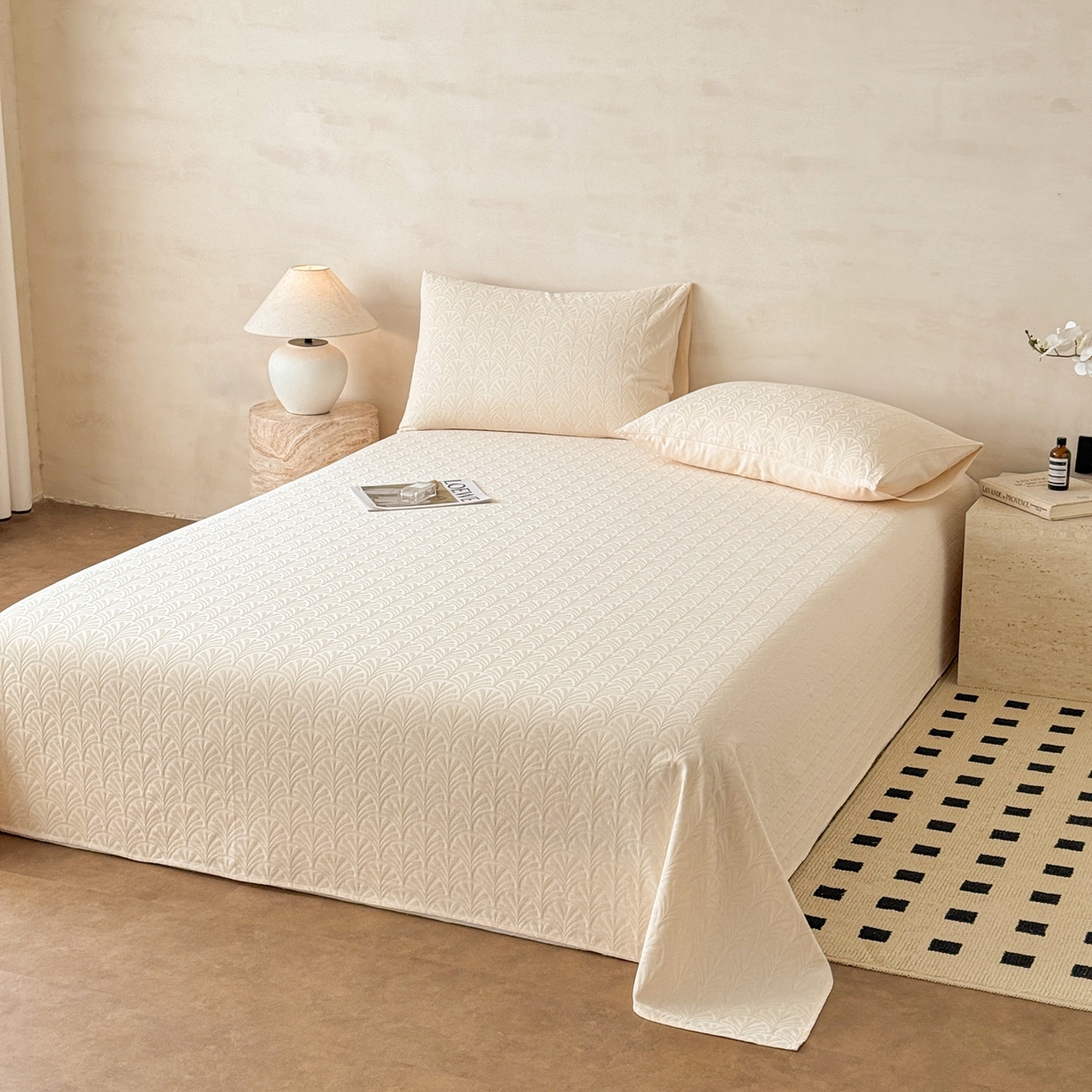 91家纺网 家纺一手货源 找家纺 眠博士 2026新款全棉提花床单单床单床单单件 杏影-奶白