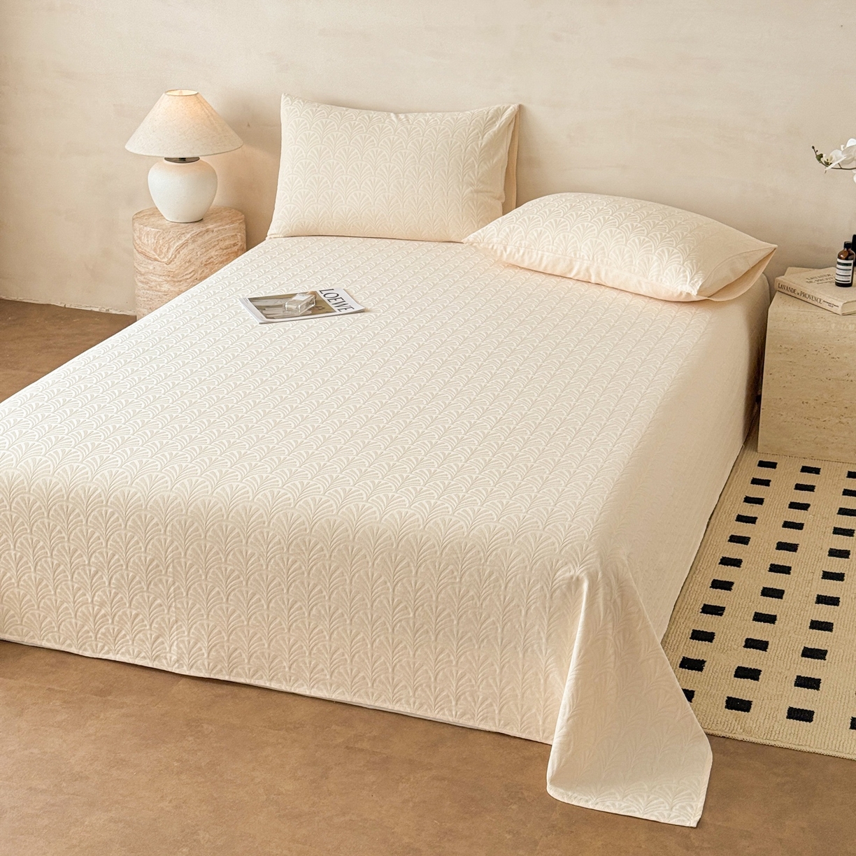 91家纺网 家纺一手货源 找家纺 眠博士 2026新款全棉提花床单单床单床单单件 杏影-奶白