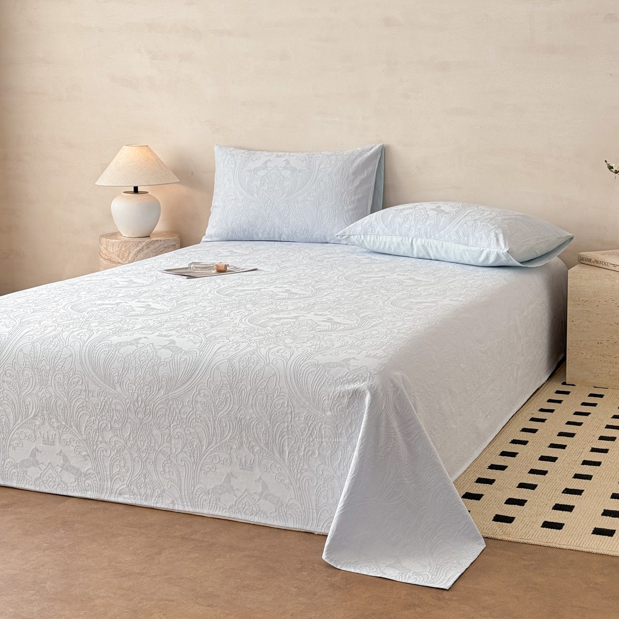 91家纺网 家纺一手货源 找家纺 眠博士 2026新款全棉提花床单单床单床单单件 冠马踏云-嫩蓝