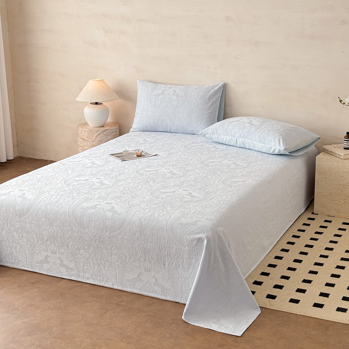 91家纺网 家纺一手货源 找家纺 眠博士 2026新款全棉提花床单单床单床单单件 冠马踏云-嫩蓝