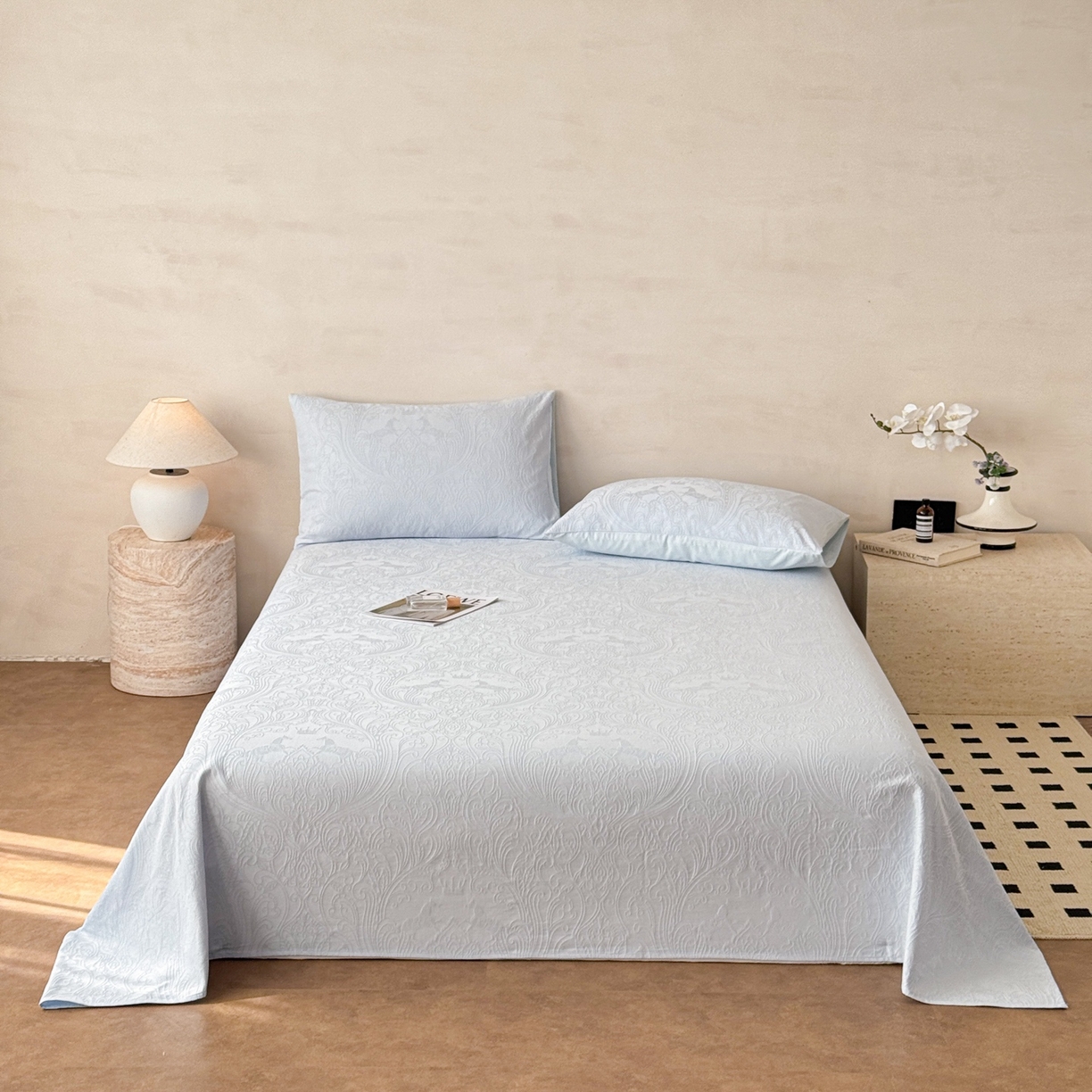 91家纺网 家纺一手货源 找家纺 眠博士 2026新款全棉提花床单单床单床单单件 冠马踏云-嫩蓝