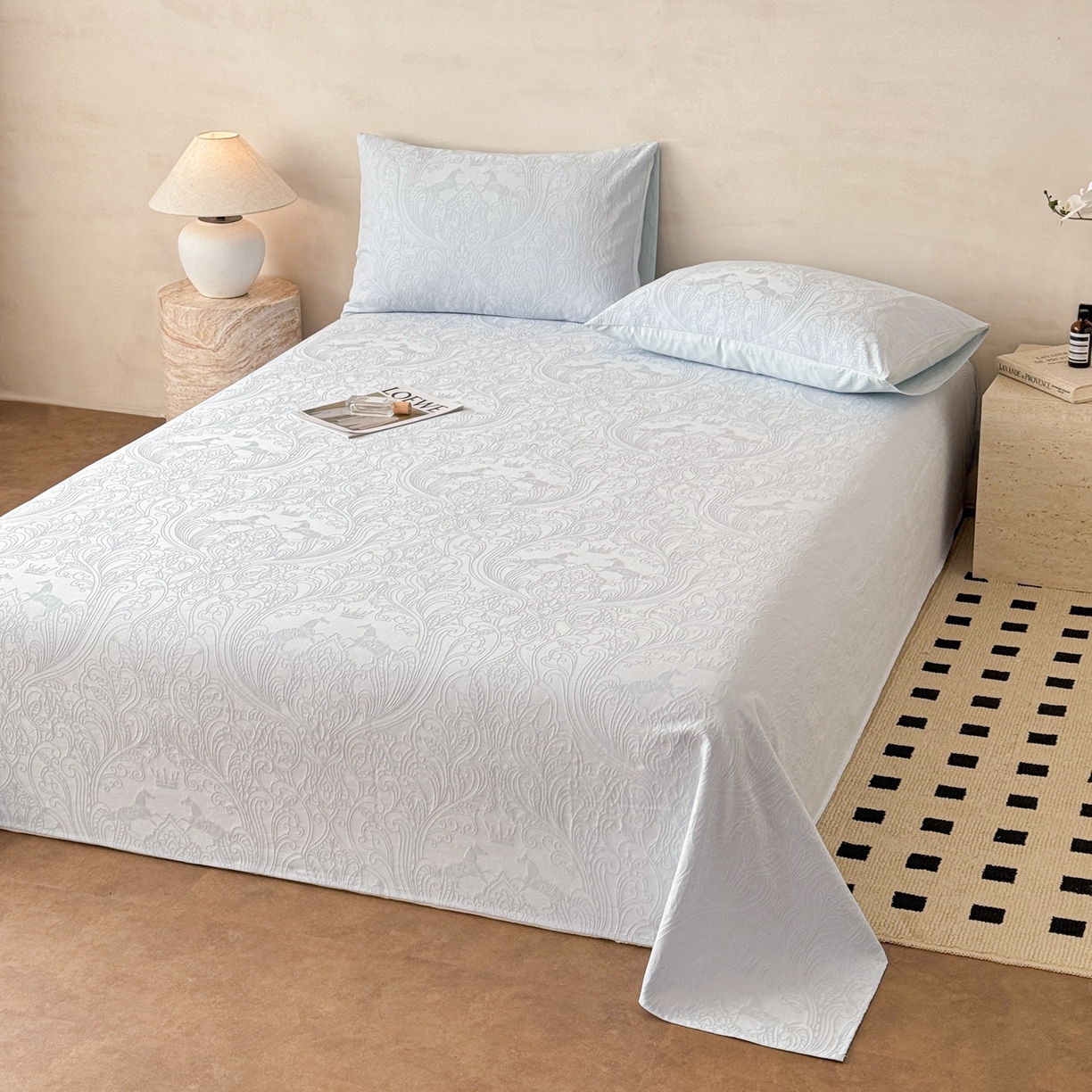 91家纺网 家纺一手货源 找家纺 眠博士 2026新款全棉提花床单单床单床单单件 冠马踏云-嫩蓝