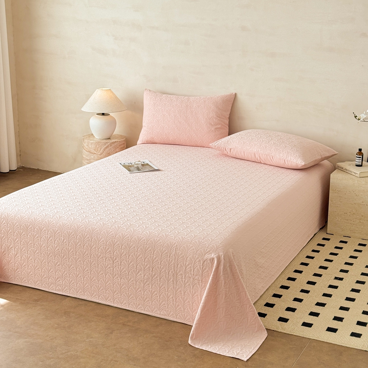 91家纺网 家纺一手货源 找家纺 眠博士 2026新款全棉提花床单单床单床单单件 杏影-粉