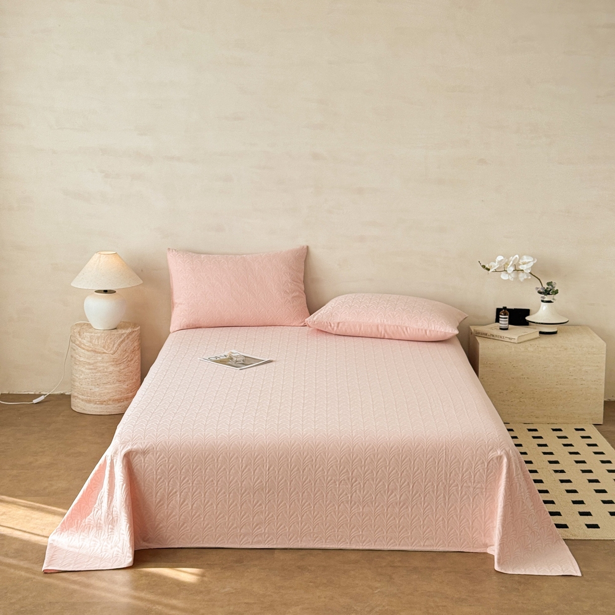 91家纺网 家纺一手货源 找家纺 眠博士 2026新款全棉提花床单单床单床单单件 杏影-粉