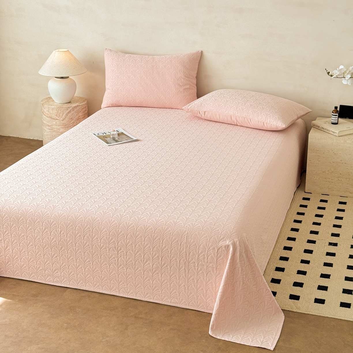 91家纺网 家纺一手货源 找家纺 眠博士 2026新款全棉提花床单单床单床单单件 杏影-粉