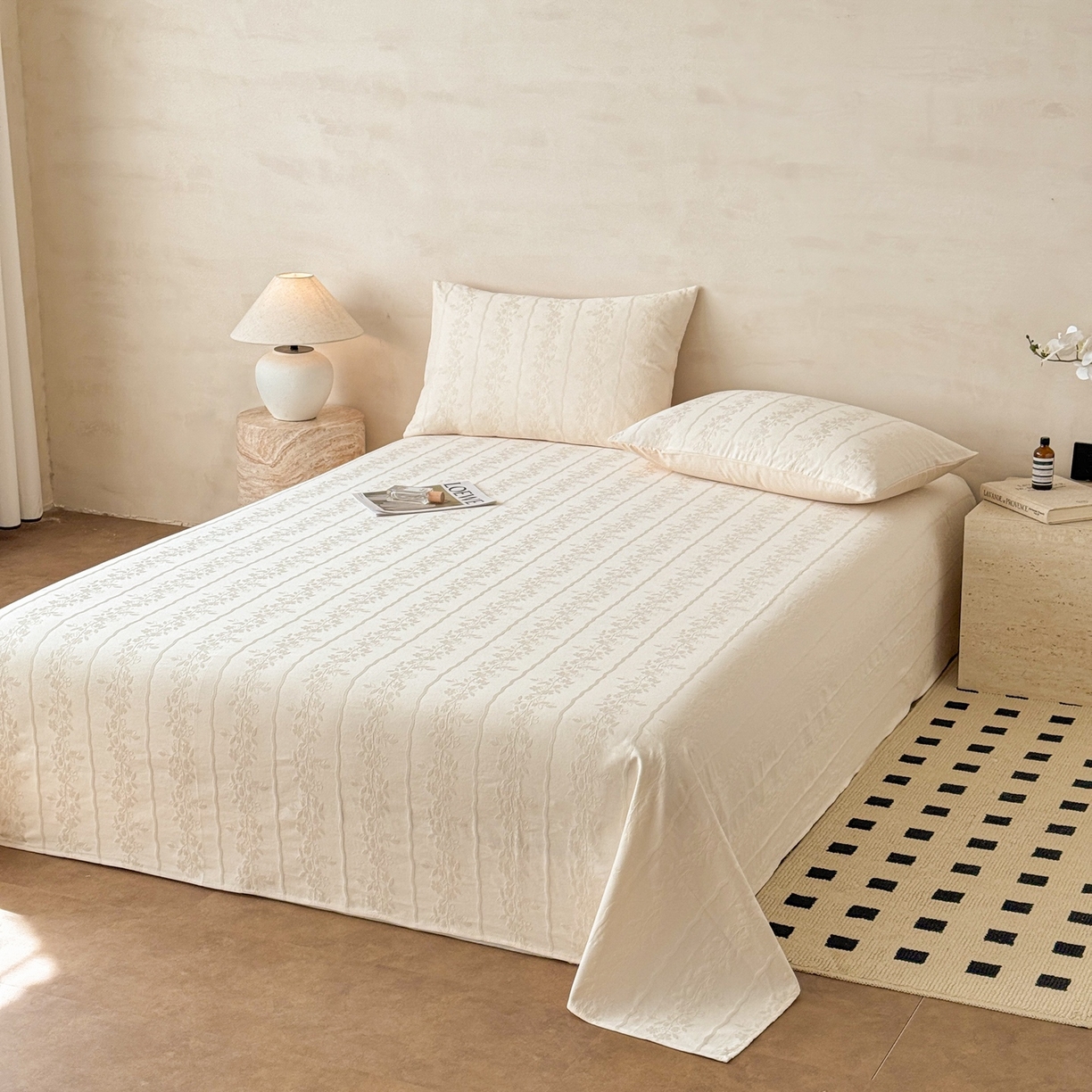 91家纺网 家纺一手货源 找家纺 眠博士 2026新款全棉提花床单单床单床单单件 花间梦-奶白