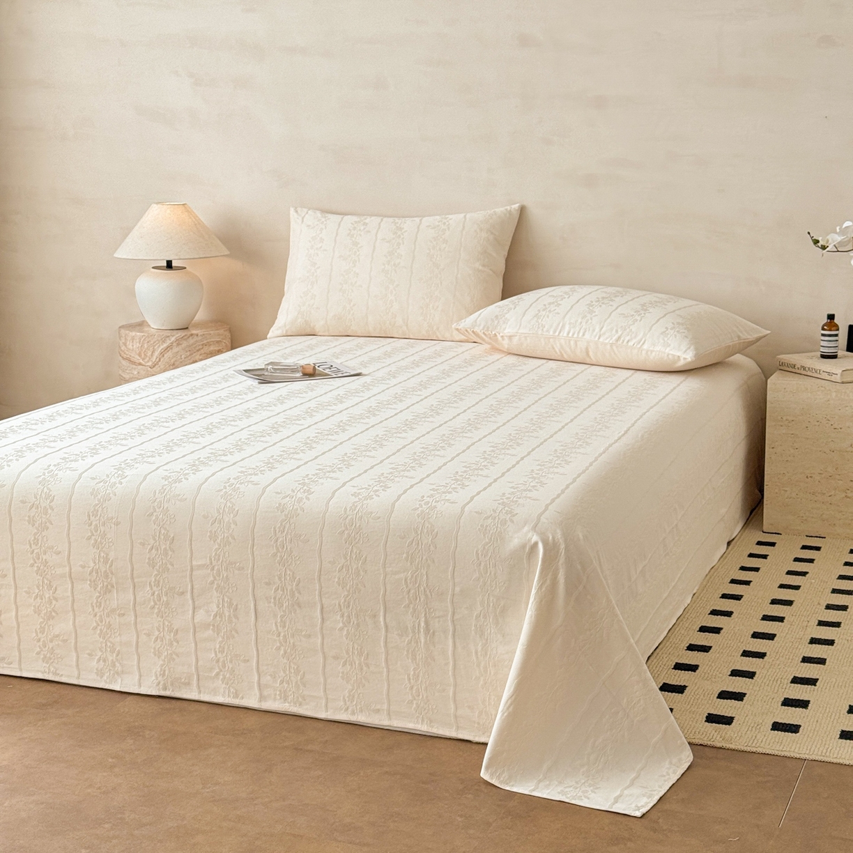 91家纺网 家纺一手货源 找家纺 眠博士 2026新款全棉提花床单单床单床单单件 花间梦-奶白