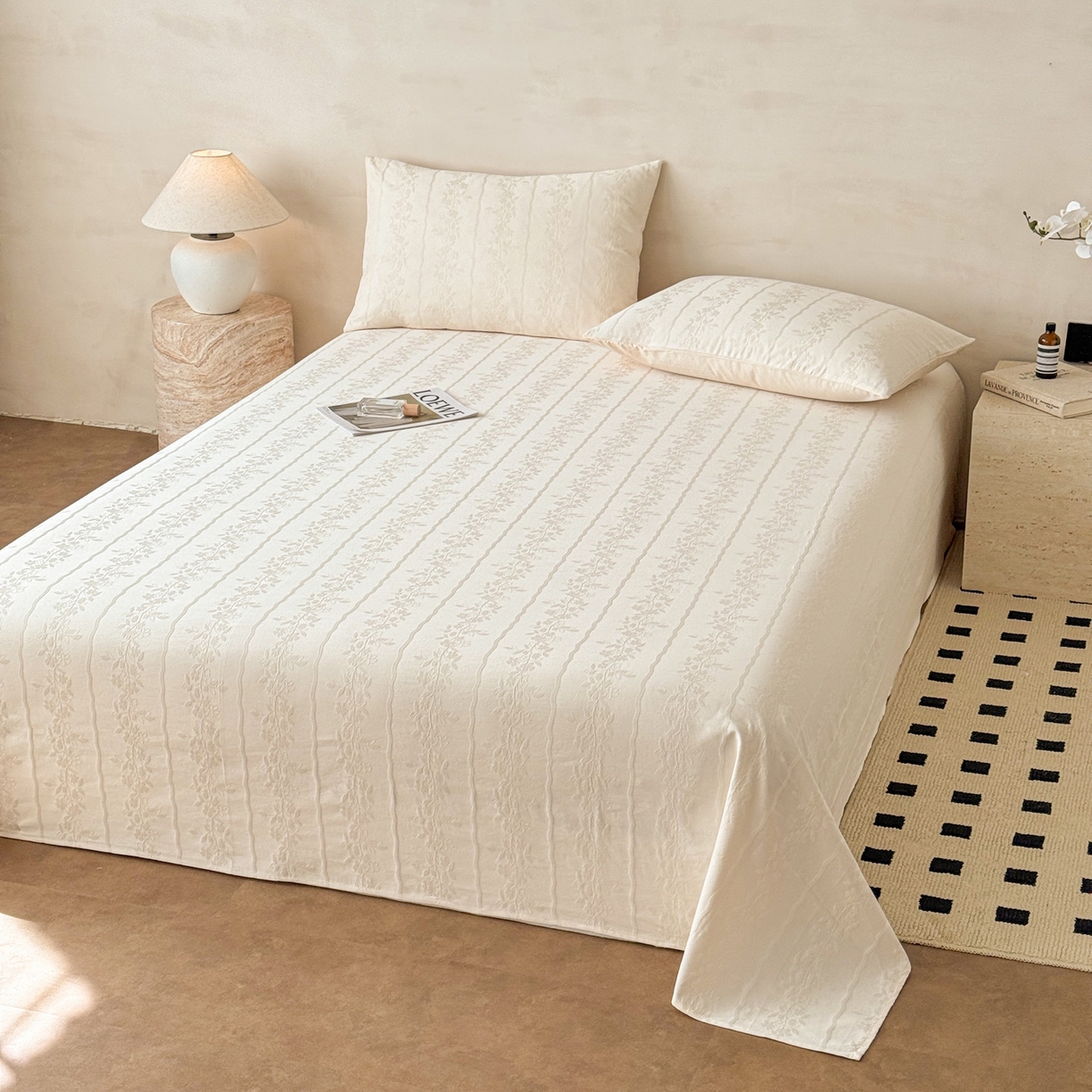 91家纺网 家纺一手货源 找家纺 眠博士 2026新款全棉提花床单单床单床单单件 花间梦-奶白