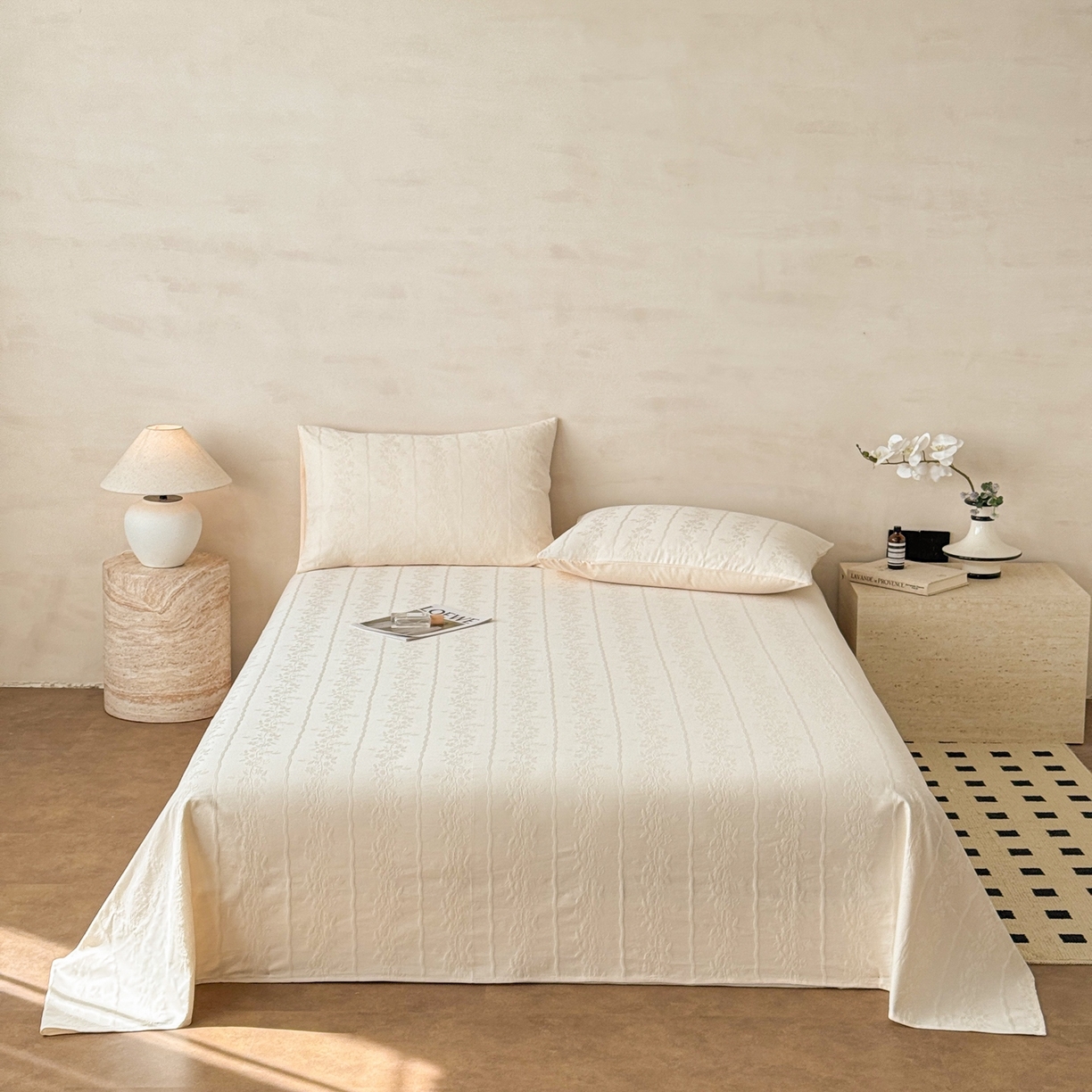 91家纺网 家纺一手货源 找家纺 眠博士 2026新款全棉提花床单单床单床单单件 花间梦-奶白