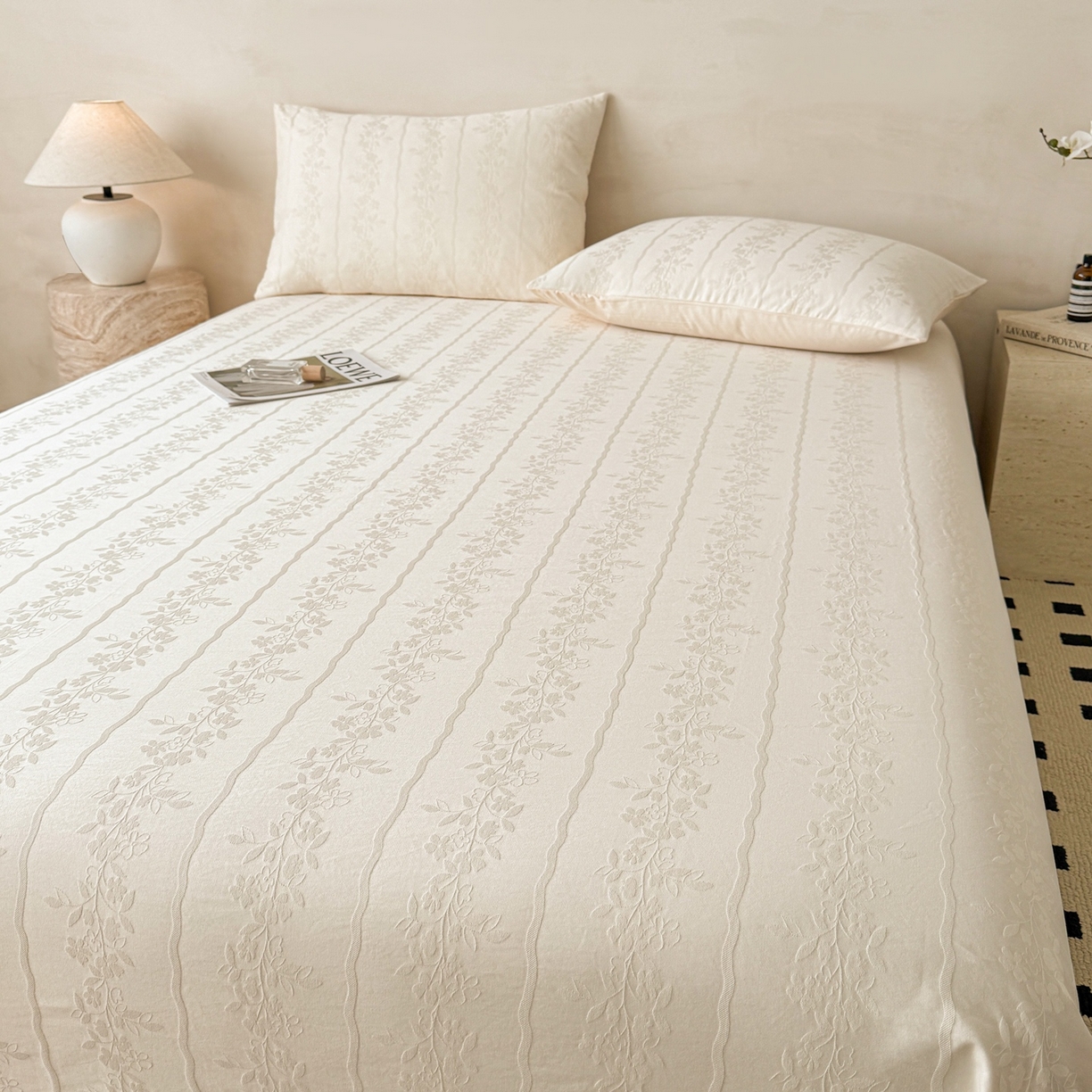 91家纺网 家纺一手货源 找家纺 眠博士 2026新款全棉提花床单单床单床单单件 花间梦-奶白