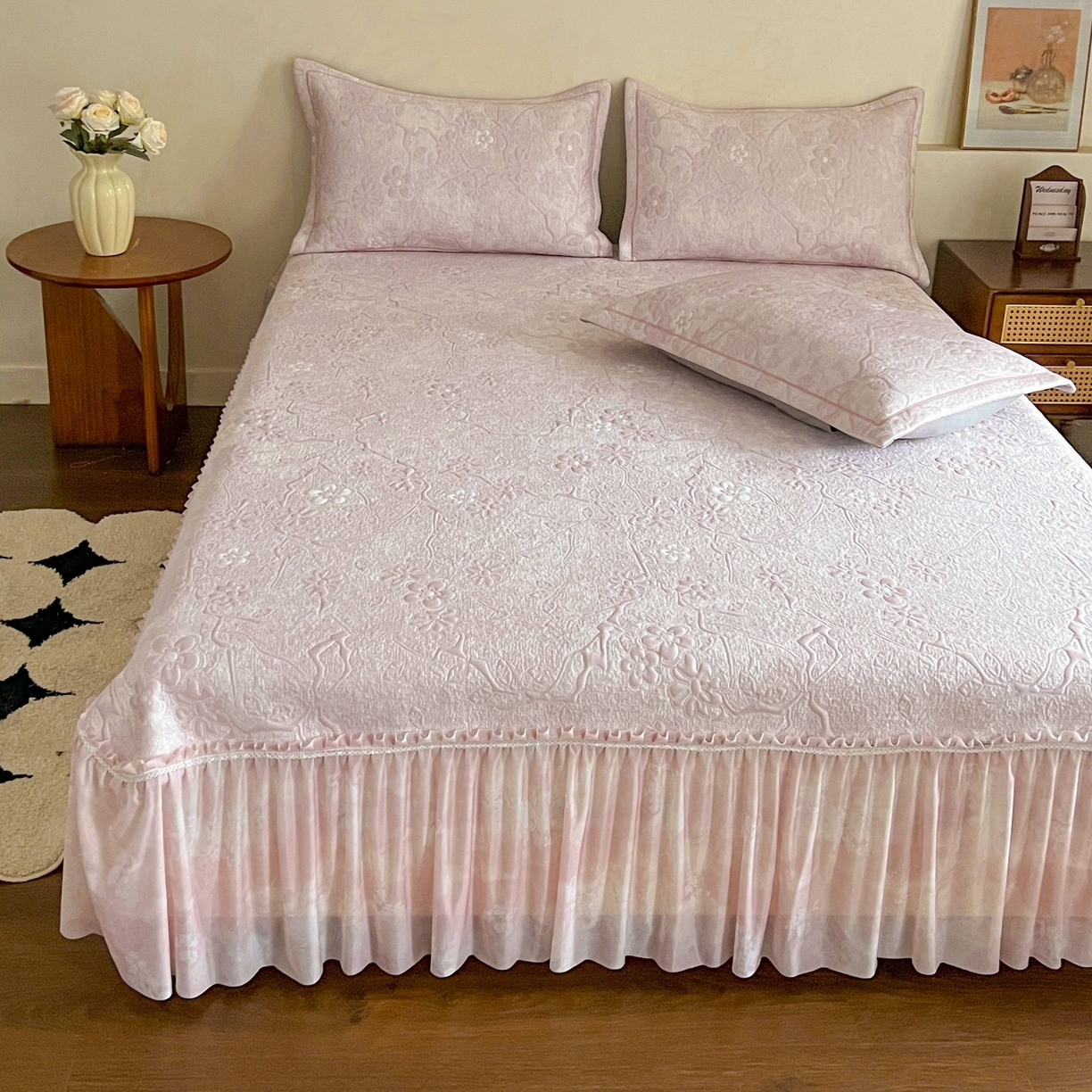 91家纺网 家纺一手货源 找家纺 （总）宅家居 2026春夏新款PE高分子复合软提花凉席豆豆席大床裙三件套-暗香系列