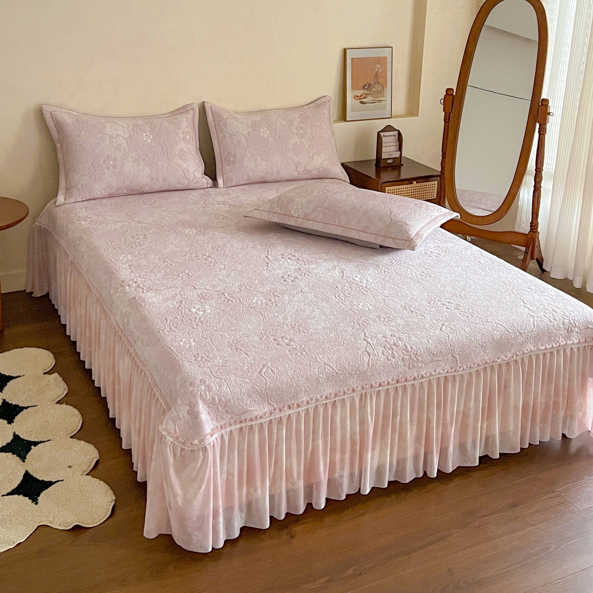 91家纺网 家纺一手货源 找家纺 （总）宅家居 2026春夏新款PE高分子复合软提花凉席豆豆席大床裙三件套-暗香系列