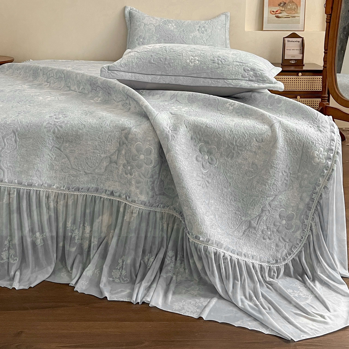 宅家居 2026春夏新款PE高分子复合软提花凉席豆豆席大床裙三件套-暗香系列 暗香-灰色