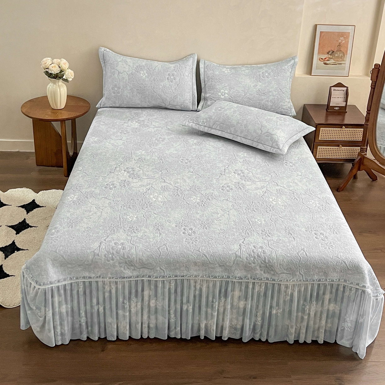 91家纺网 家纺一手货源 找家纺 宅家居 2026春夏新款PE高分子复合软提花凉席豆豆席大床裙三件套-暗香系列 暗香-灰色