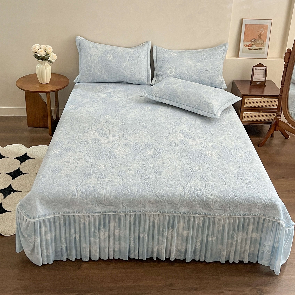 91家纺网 家纺一手货源 找家纺 宅家居 2026春夏新款PE高分子复合软提花凉席豆豆席大床裙三件套-暗香系列 暗香-蓝色