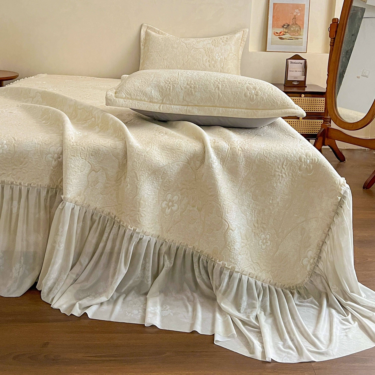 宅家居 2026春夏新款PE高分子复合软提花凉席豆豆席大床裙三件套-暗香系列 暗香-香槟