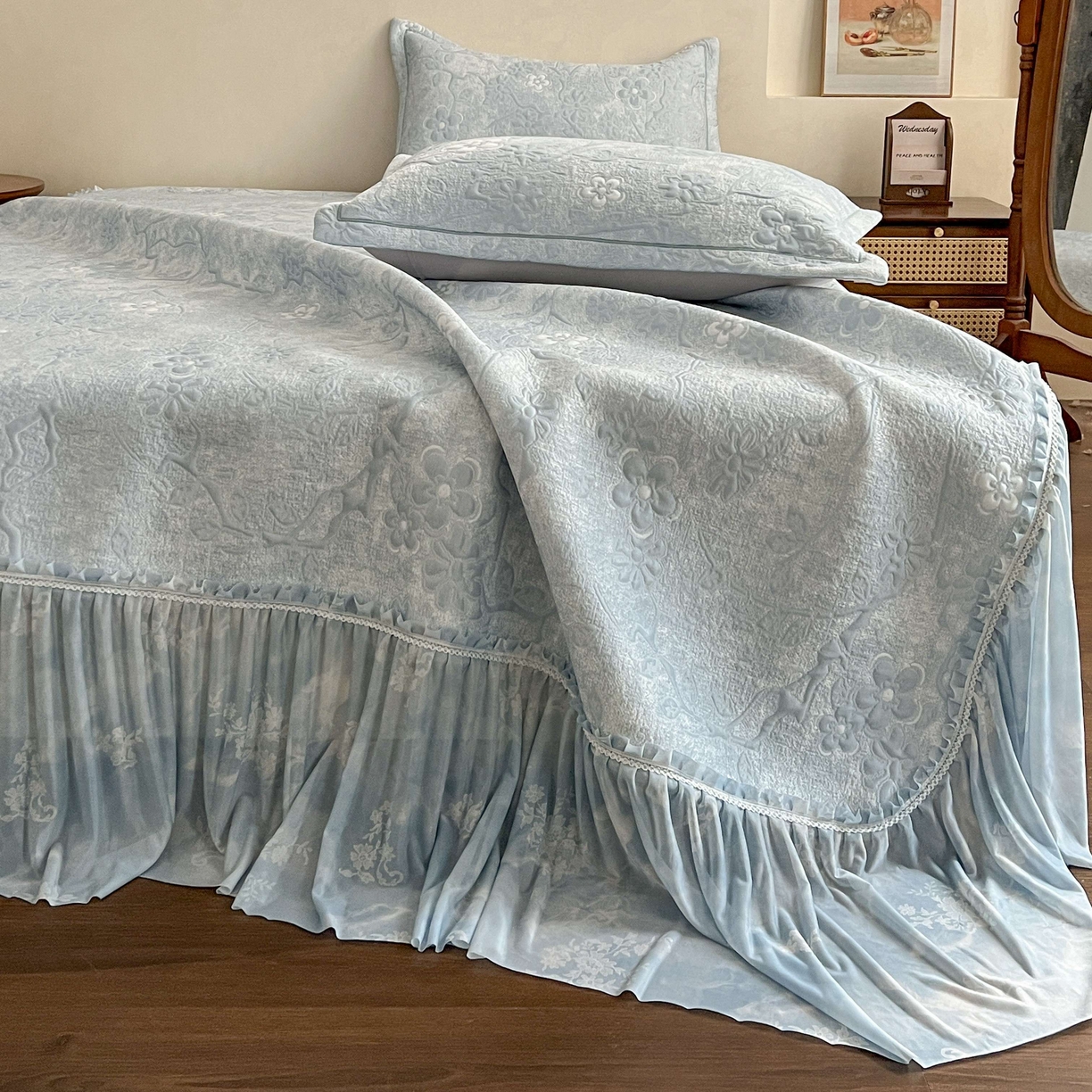 宅家居 2026春夏新款PE高分子复合软提花凉席豆豆席大床裙三件套-暗香系列 暗香-蓝色