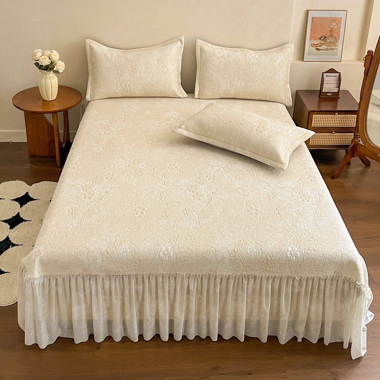 91家纺网 家纺一手货源 找家纺 宅家居 2026春夏新款PE高分子复合软提花凉席豆豆席大床裙三件套-暗香系列 暗香-香槟