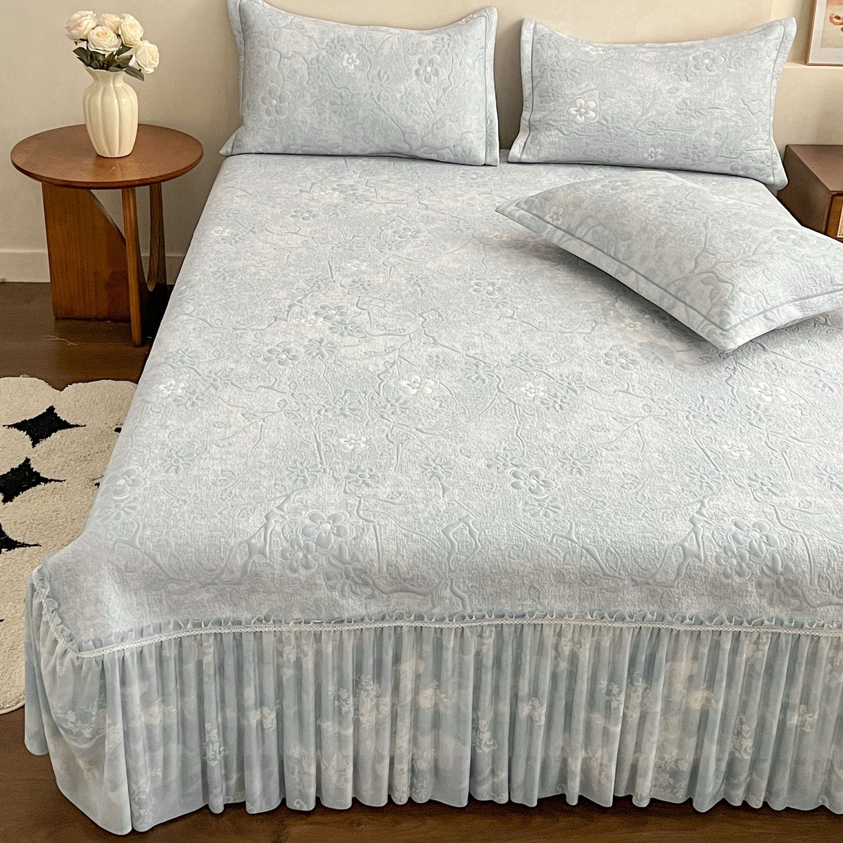 91家纺网 家纺一手货源 找家纺 宅家居 2026春夏新款PE高分子复合软提花凉席豆豆席大床裙三件套-暗香系列 暗香-灰色