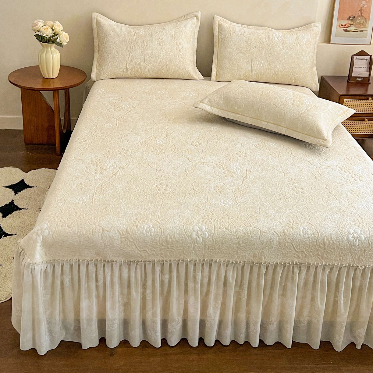 91家纺网 家纺一手货源 找家纺 宅家居 2026春夏新款PE高分子复合软提花凉席豆豆席大床裙三件套-暗香系列 暗香-香槟