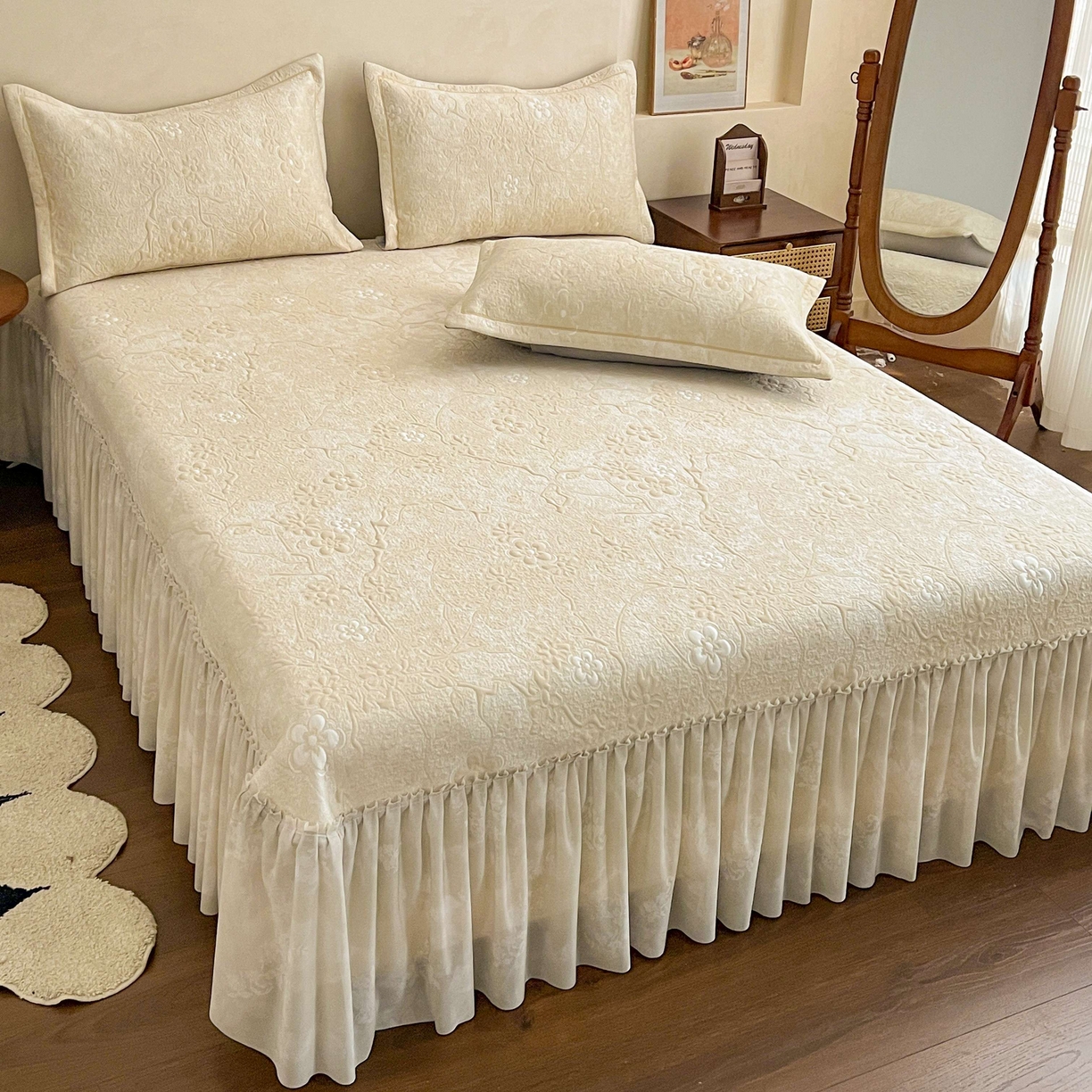 91家纺网 家纺一手货源 找家纺 宅家居 2026春夏新款PE高分子复合软提花凉席豆豆席大床裙三件套-暗香系列 暗香-香槟